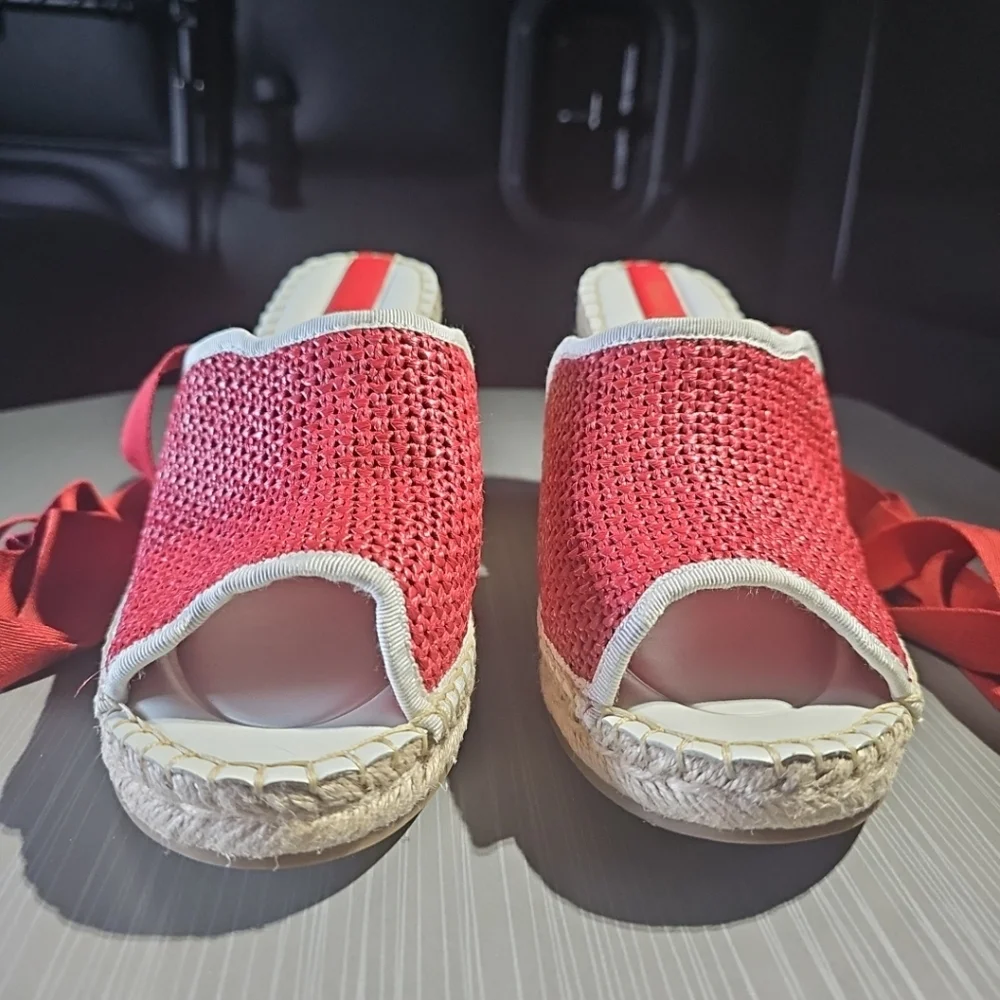 Red Woven Espadrille Wedge Sandals with Ankle Tie